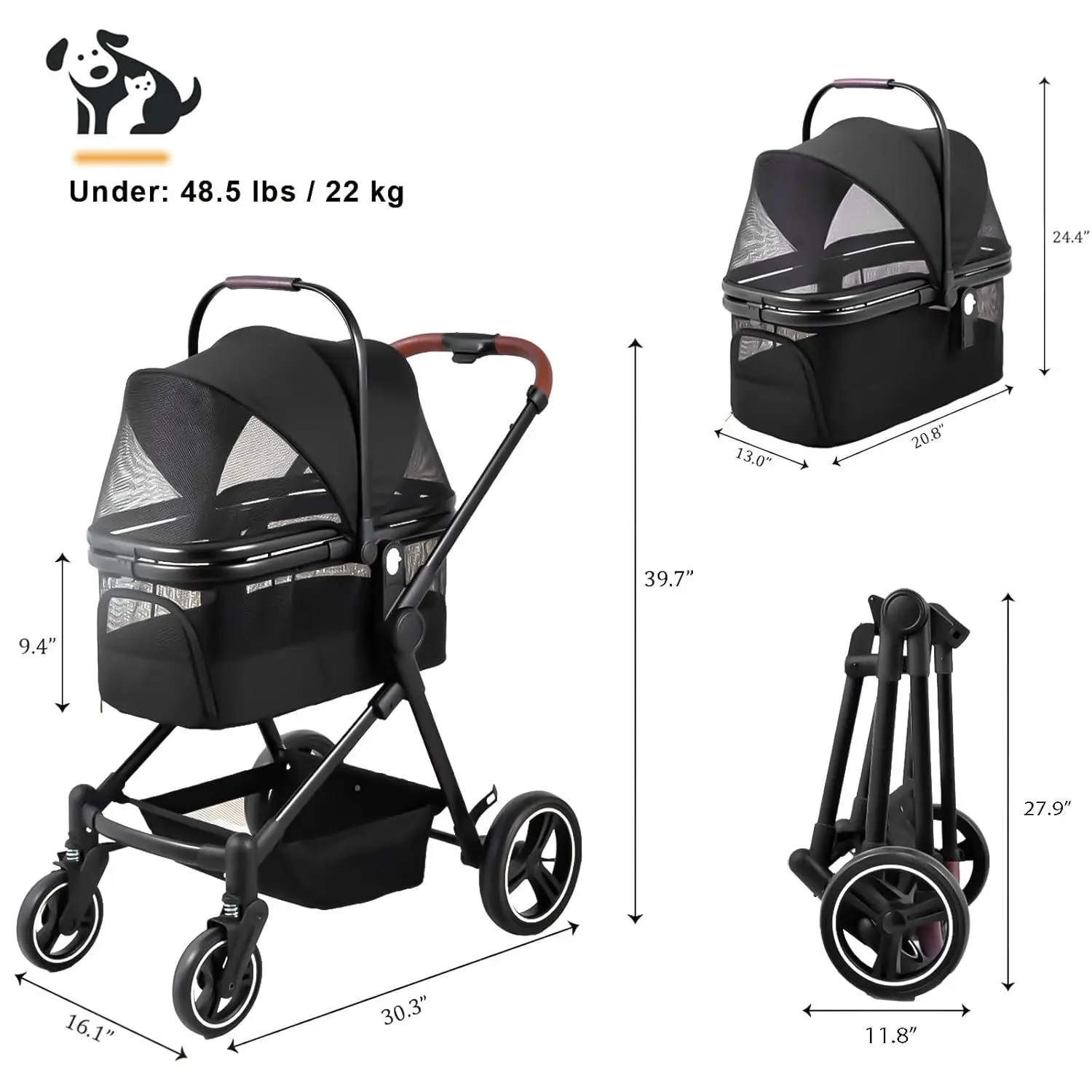 Pet Dog Stroller with 4 Wheels Foldable Puppy Stroller Rotary Travel Lightweight Breathable Pet Stroller For Small Medium Dogs
