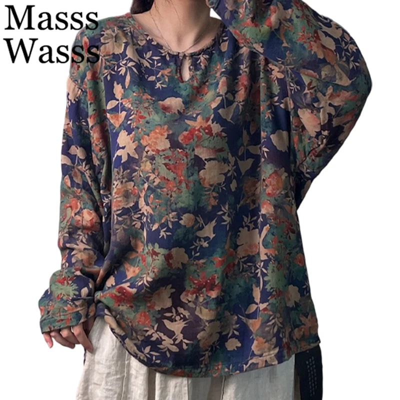 

Masss Wasss Chinese Design Spring Womens Fashion Floral Blouses Loose Casual Printed Tops Ladies Classic Vintage O Neck Shirts