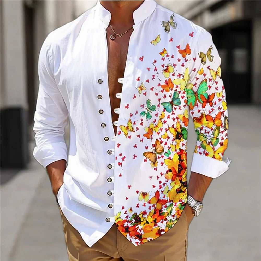 Butterfly Red Petal Pattern Men's Standing Collar Long Sleeved Printed Shirt Single Breasted Casual Daily Vacation Shirt