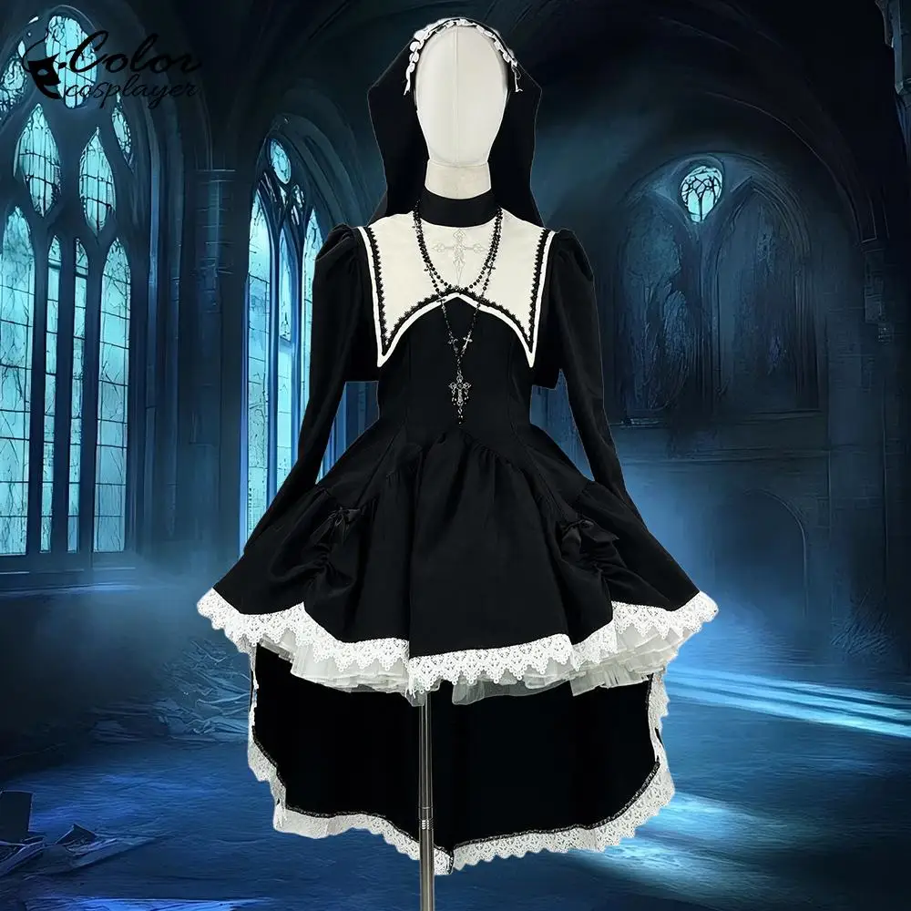 

Color Cosplayer Nun Cosplay Costume Halloween Dress with Headscarf Medieval Festival Outfit Carnival Wear Day of The Dead Clothe