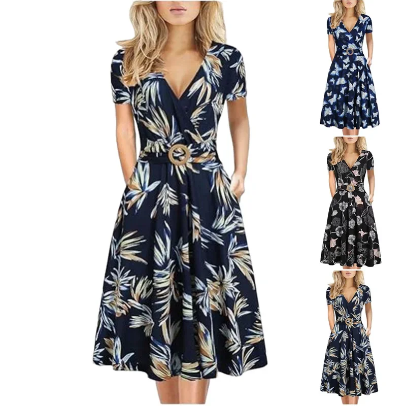 Women Spring Summer Dress Printing Color Short Sleeves V Neck Flounced Edge Standard Elegant Casual Fashion Comfortable Regular