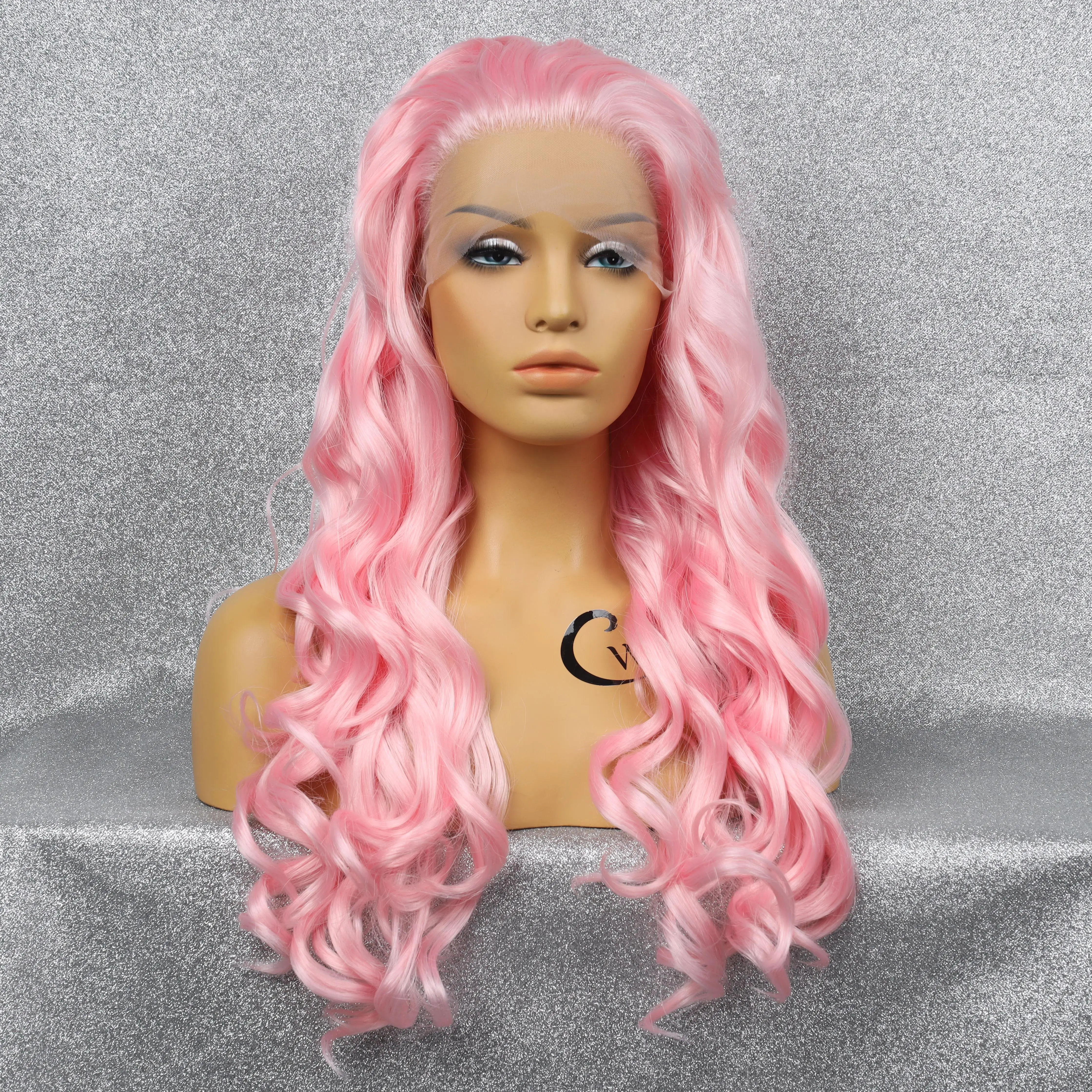 Pink Front Lace Synthetic Wave Long Wig Natural Hair Line Comfortable Soft Mesh Cap Breathable Heat Resistant Party Cosplay Wig