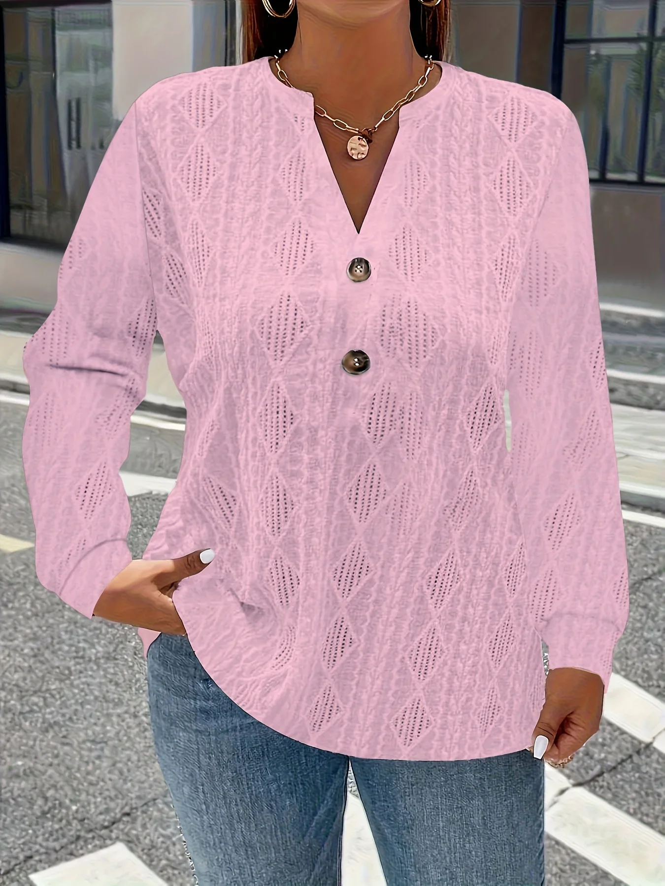 Plus Size Women Diamond Textured Long Sleeve Top, V Neck Button Stretchy Casual Ladies Blouse