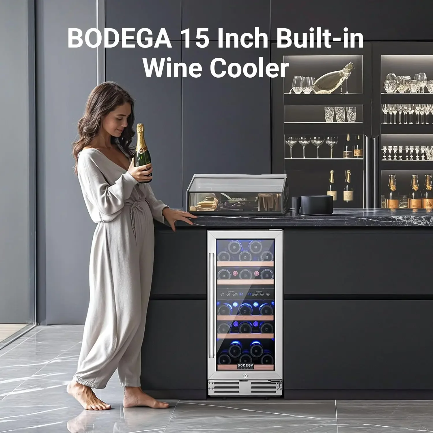 Enfriador de vino de 15 pulgadas, refrigerador de vino de doble zona con puerta de vidrio de doble capa, refrigerador de vino con control de temperatura digital