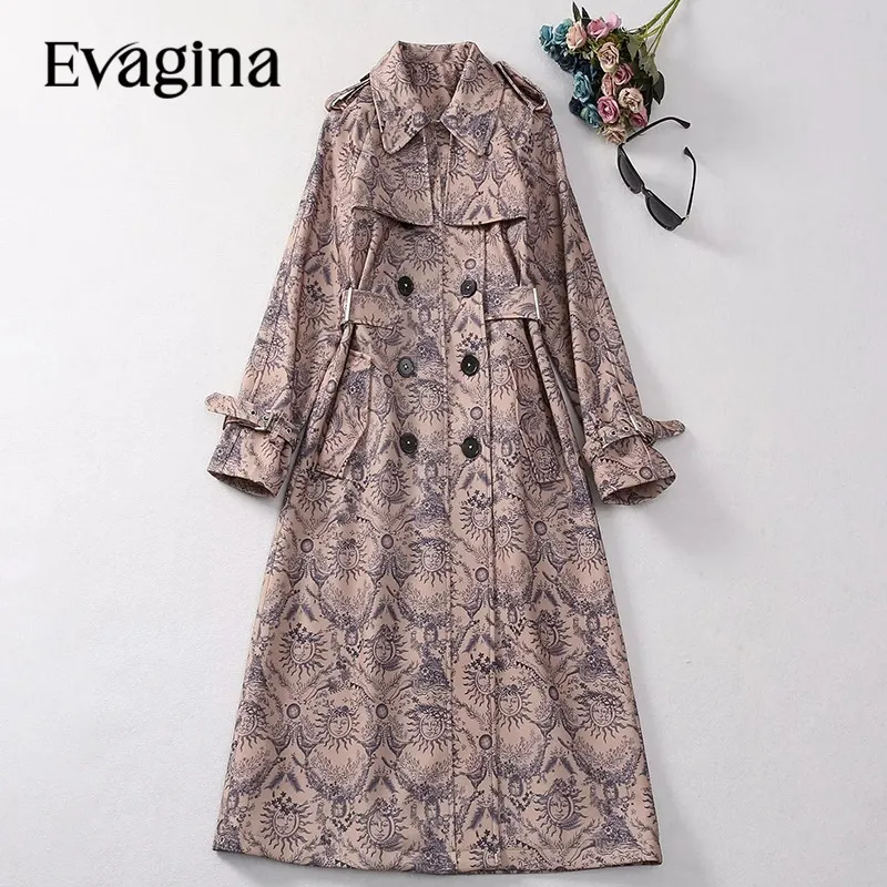 

Evagina New Fashion Runway Designer Women's Retro Style Abstract Printed Lapel Collar Long Sleeved Double Breasted Long Top Coat