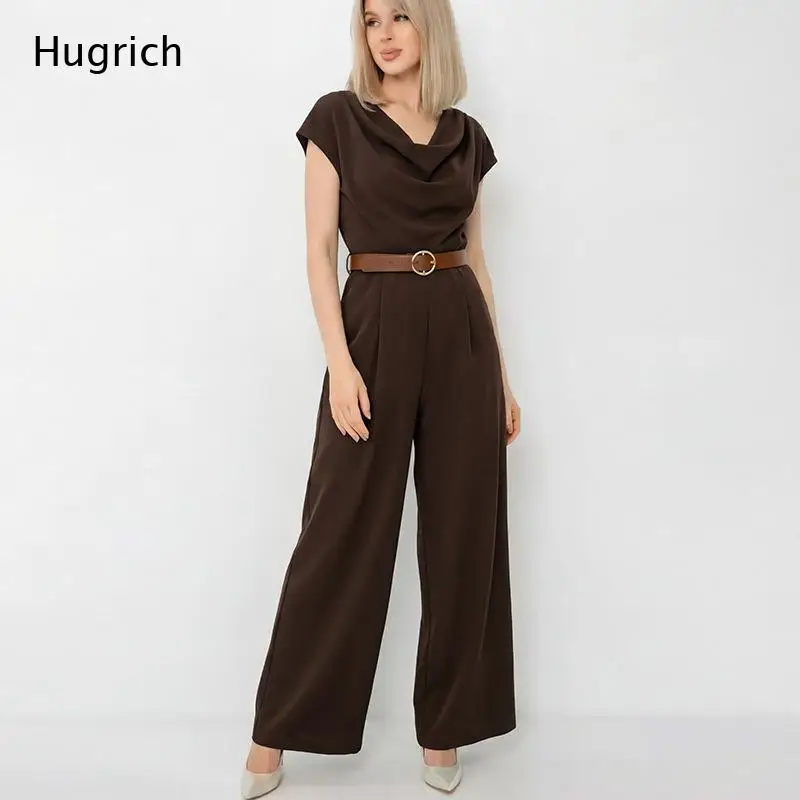 

Solid Brown Draped Neck Jumpsuit Sleeveless Cut Shoulder Tailored Wide Leg for Formal Casual Outfits