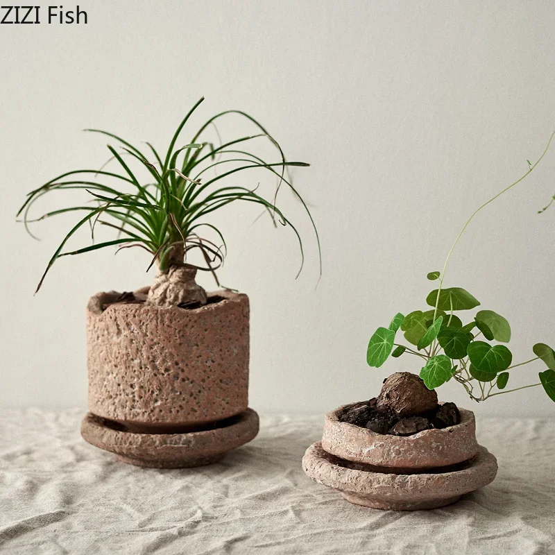 Handmade Ceramic Flower Pot with Base Tray Green Plant Pots Flower Vase Garden Pots Planters Desktop Flowerpot Garden Supplies