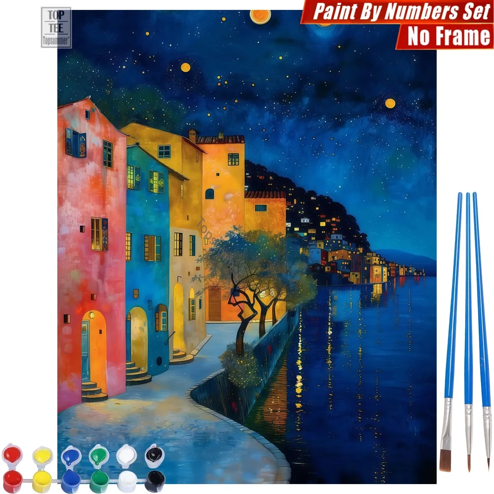 Kit de pintura al óleo digital DIY de 1 pieza sin marco, Casas Coloridas junto al Río - Arte abstracto de pared con casas coloridas y estrellas, Regalo para el Día de Acción de Gracias F
