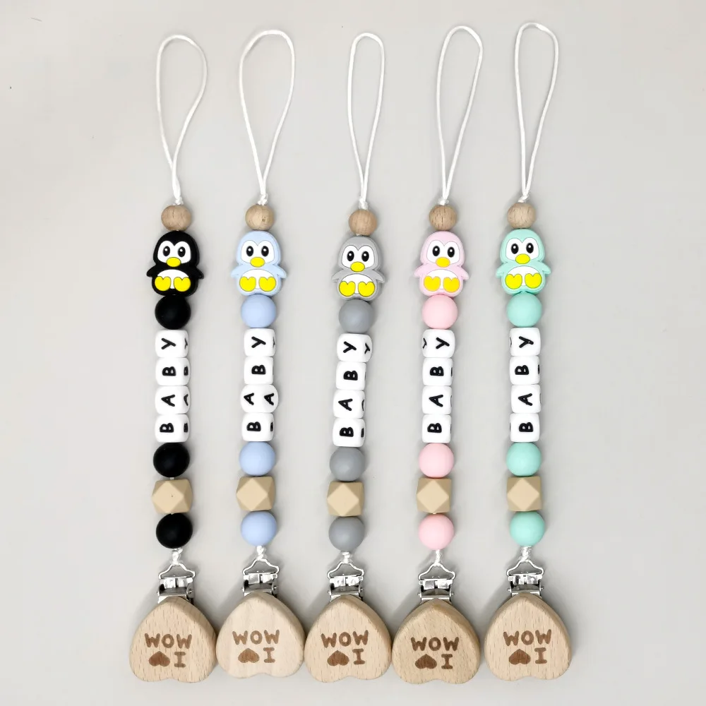 Baby Pacifier Clip Personalize Name I Love Mom Dummy Nipple Holder Chain Penguin Newborn Gift Teether Toy for Babies Accessories