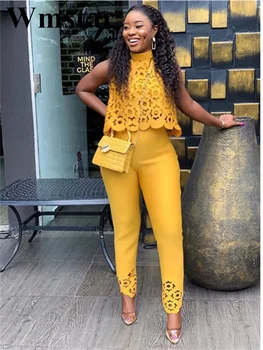 Wmstar 여성 두 조각 세트 플러스 사이즈 여름 패션 민소매 캐주얼 복장 솔리드 컬러 휴일 긴 바지 Office streetwear