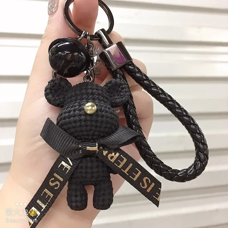 Cute Bear Key Chain Resin Bow Bell Rabbit Keychain Car Key Ring For Girls Gift Weaving Fashion Doll Bag Pendant Holiday