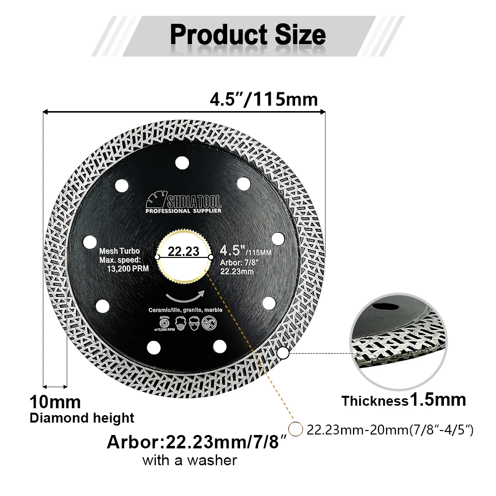 SHDIATOOL 5Pcs 4-1/2-Inch Mesh Turbo Diamond Saw Blade Cutting Disc for Porcelain Ceramic Tile Granite Dia115mm Diamond Cut Disc