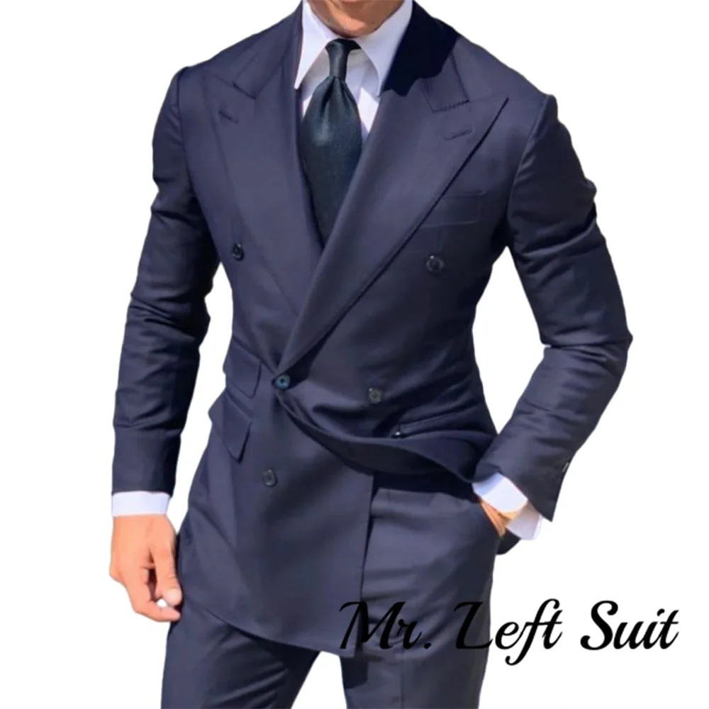 Double Breasted Men\'s Suit Wide Peak Lapel Wedding Grooms Tuxedos 2 Pieces Business Men Suits