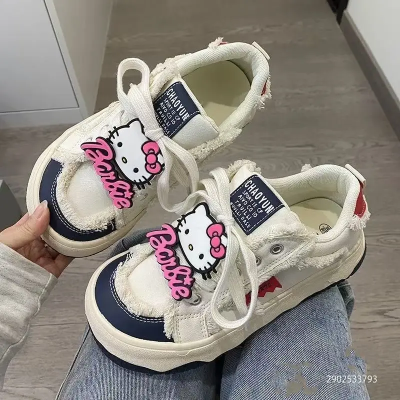 35-40 zapatos de Hello Kitty, zapatos de plataforma con lazo, zapatos blancos, estilo Preppy, zapatillas de plataforma informales versátiles para estudiantes, zapatos de mujer