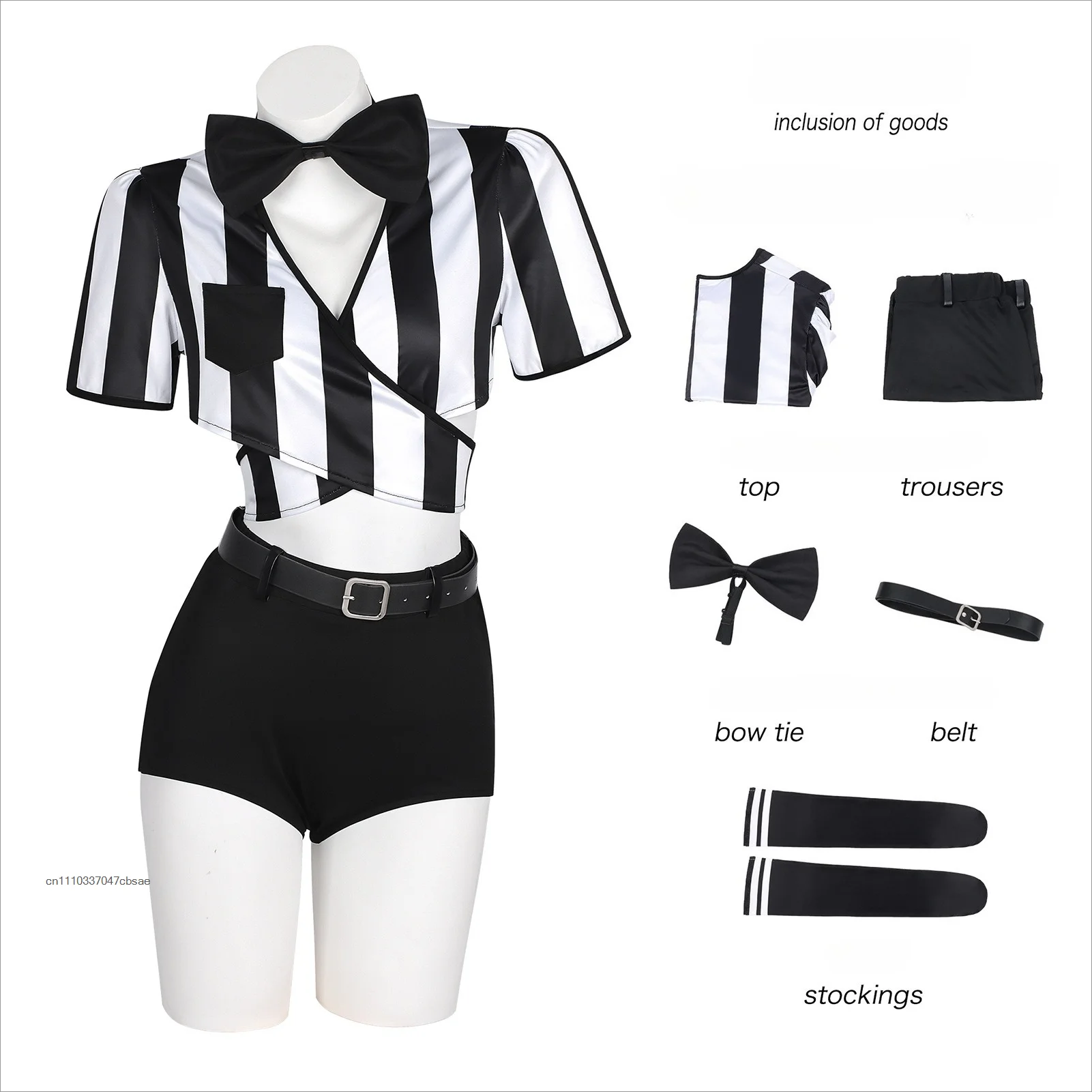 Women Black White Stripe Referee Cosplay Costume Short Sleeve Wrap Crop Top High Waist Shorts With Bow Tie Belt Socks Outfit