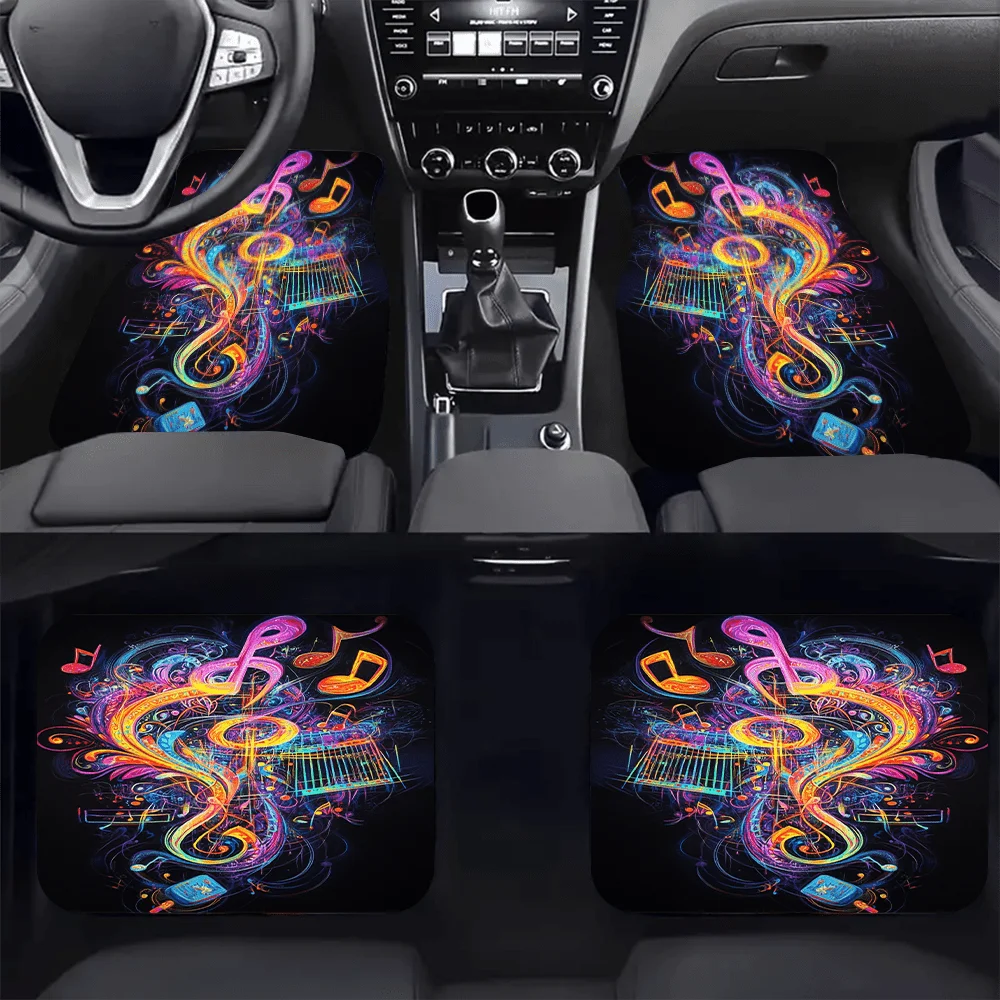 2 Stück/4 Stück Auto-Fußmatten mit Musik-Thema – wasserdicht, rutschfest, leicht zu reinigen, langlebiges Polyester, lebendiges, farbenfrohes Notiz-Design