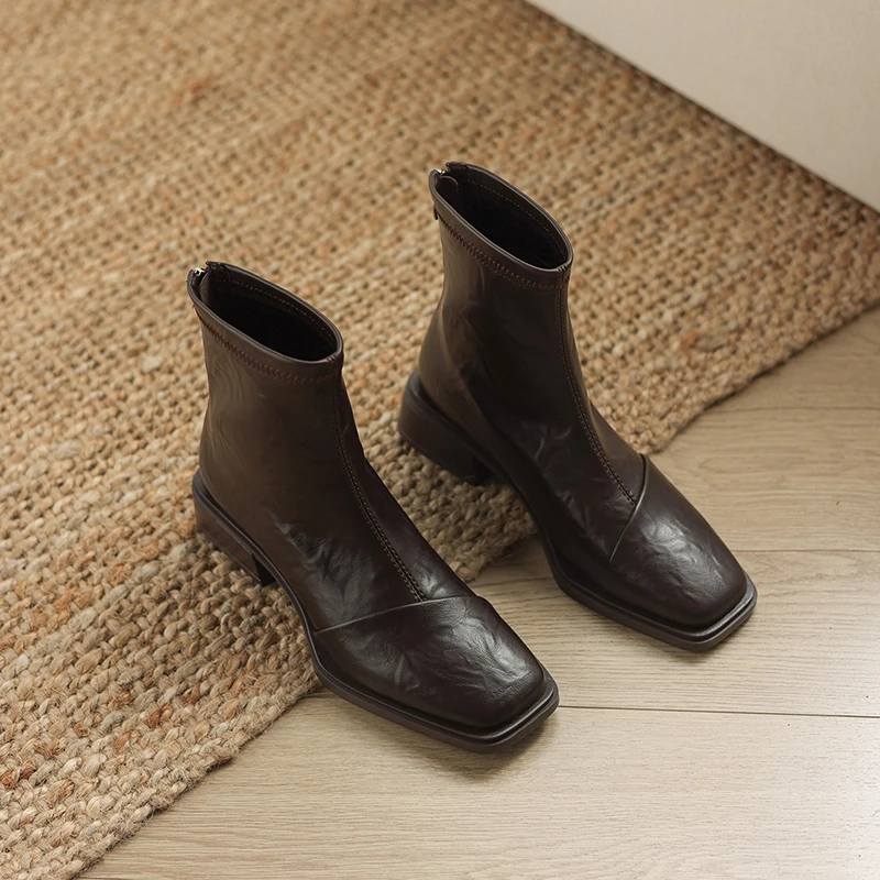 Spliced Square Toe Booties Fashion Back Zip Soft Sole Anti-Slip Wear-Resistant Block Heel Single