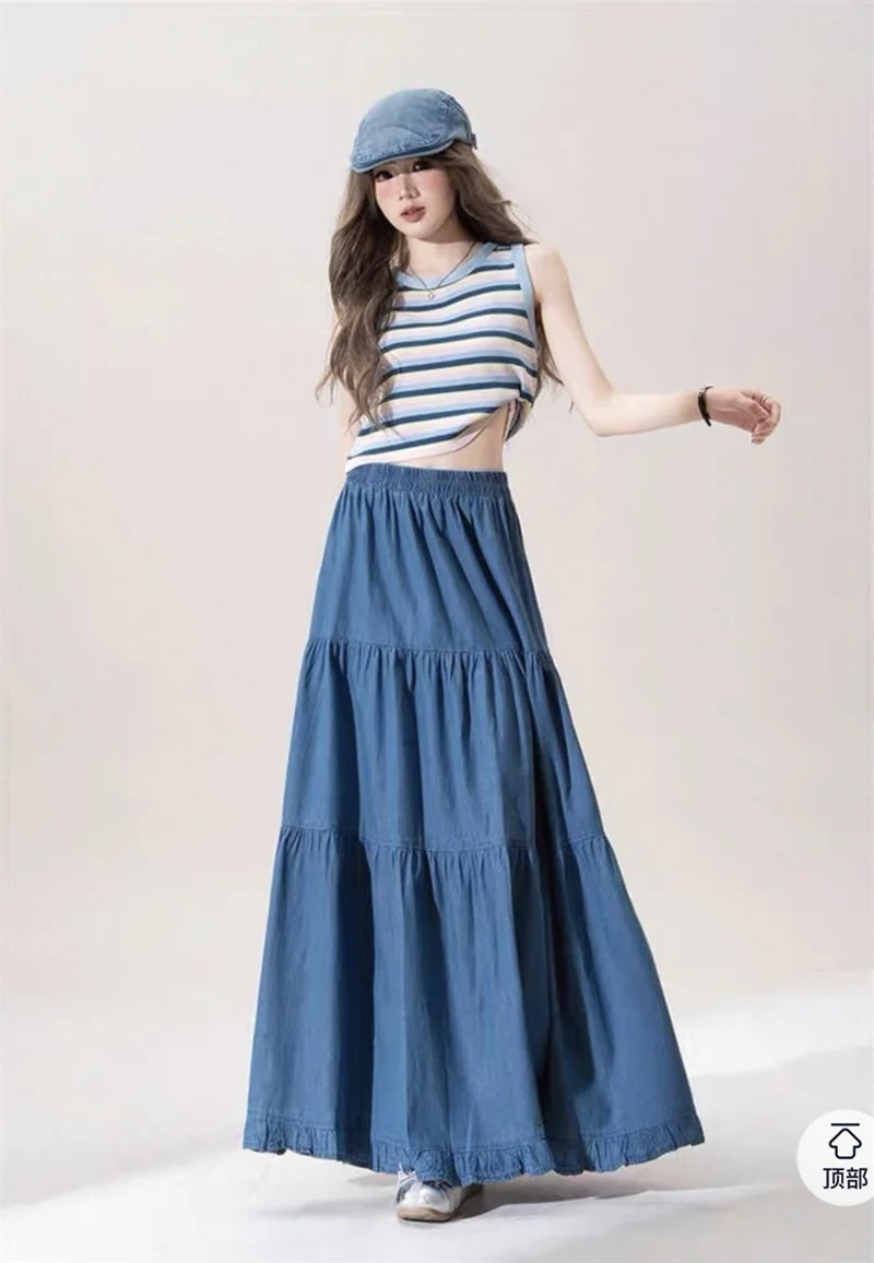 Women's Half Body Skirt Fashion Street Spring Summer Ruffled Denim Skirts High-waist Retro A-line Long Skirt