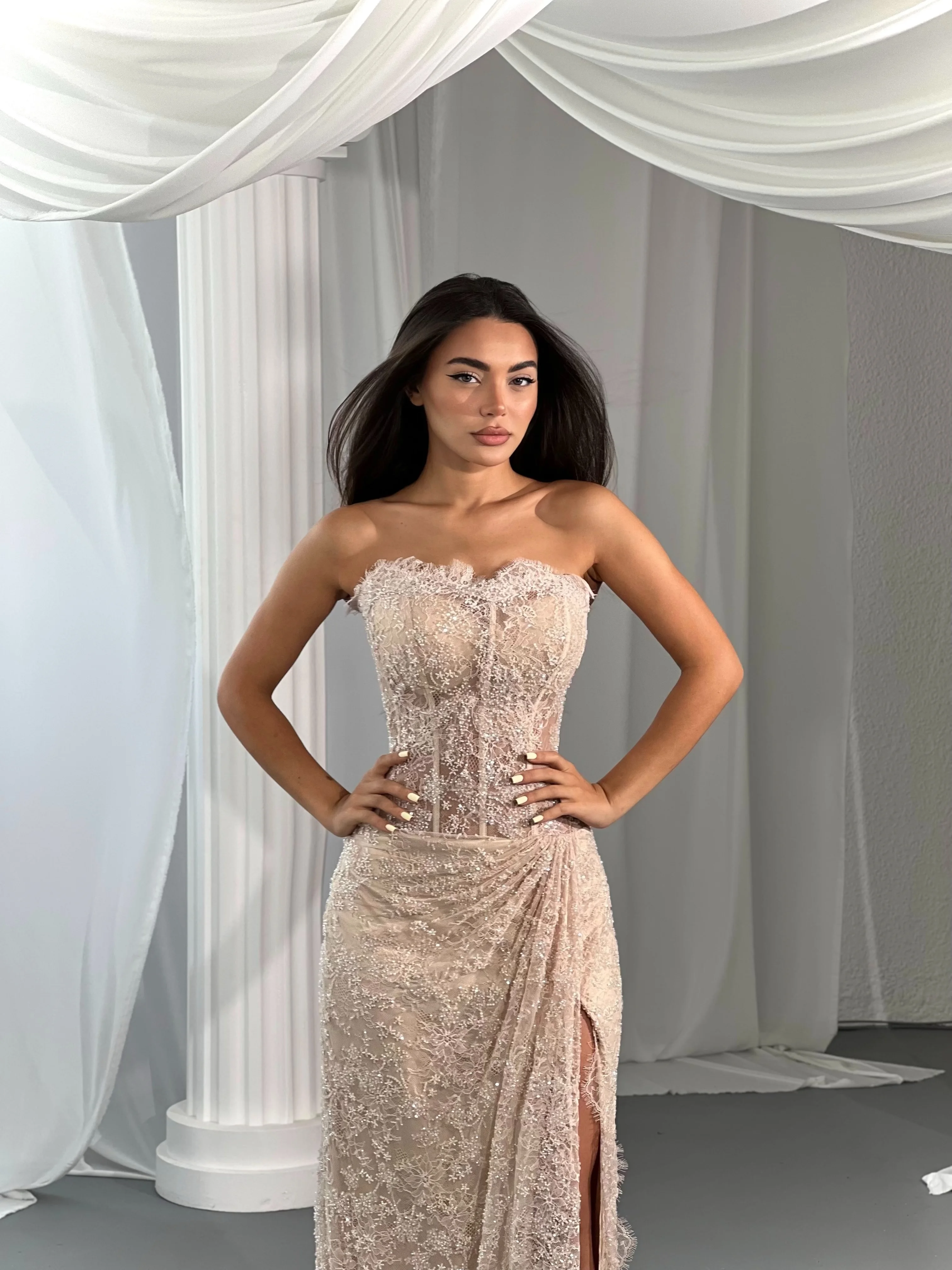 Aunbra Customized Elegant Blush Pink Strapless Evening Dresses Lace Sequin Ruched Formal Prom Dresses for Party Gowns 2026