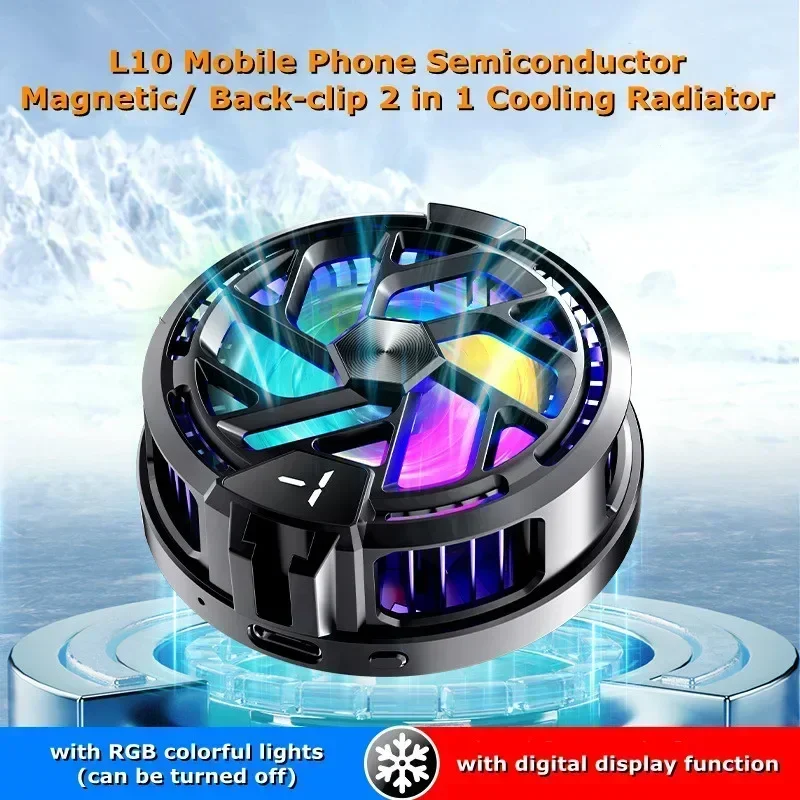 L10 Mobile Phone Semiconductor Back-clip/ Magnetic 2 in 1 Cooling Fan Radiator with RGB Light for IPhone Android Cool Heat Sink