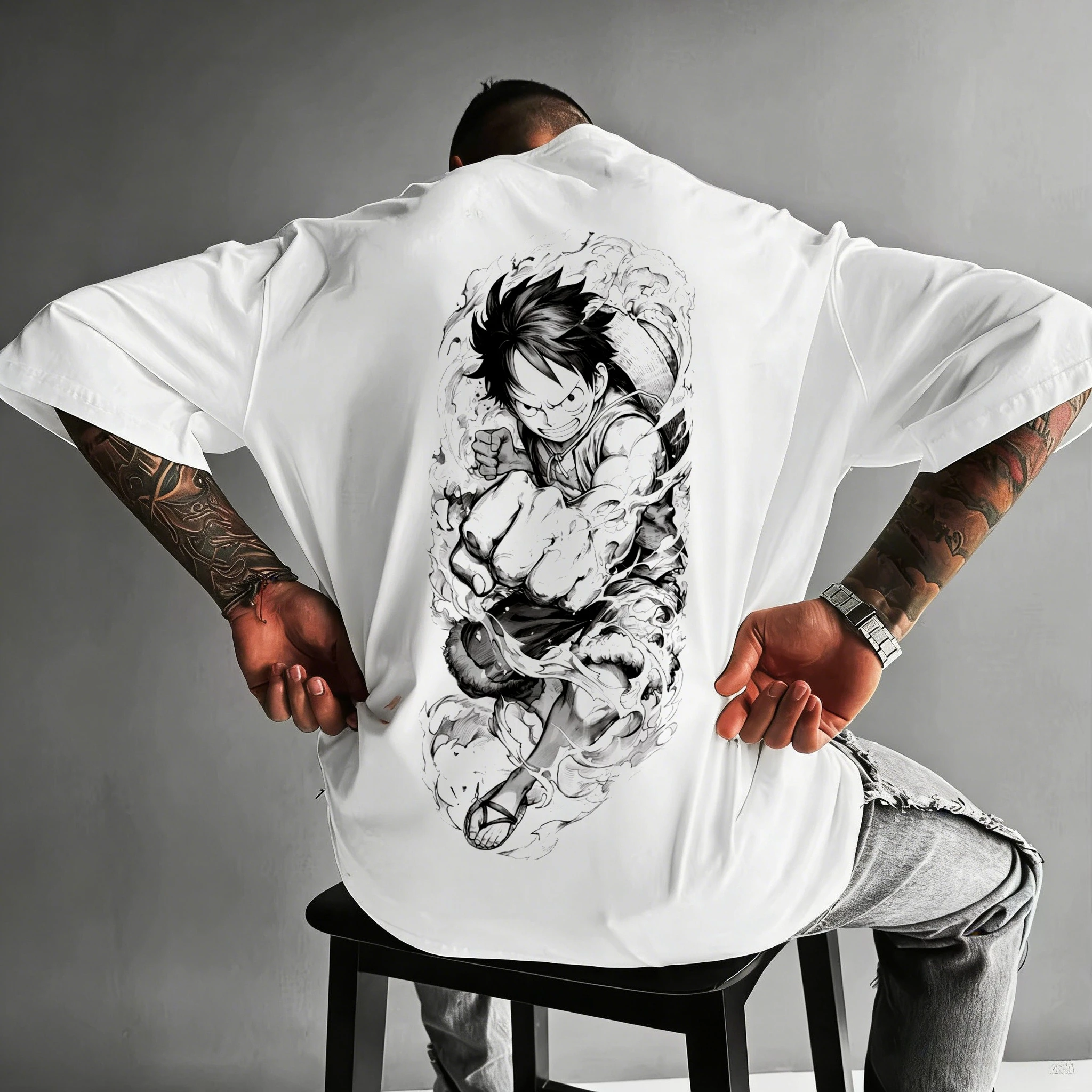 New men's One Piece print T-shirt, Harajuku style, 100% cotton, featuring Roronoa Zoro and Luffy prints, loose short sleeves.