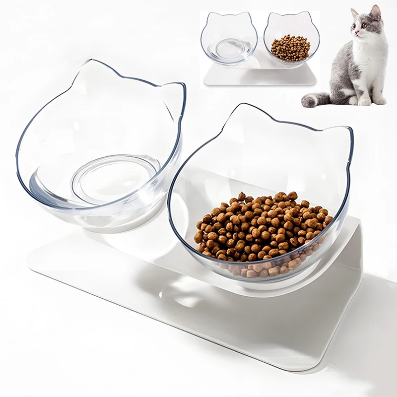 Non-slip Double Elevated Cat Bowls with Stand, 15 Tilte Raised Cat Watering & Feeding Bowls, Neck Guard Pet Feeder Bowl for Cat