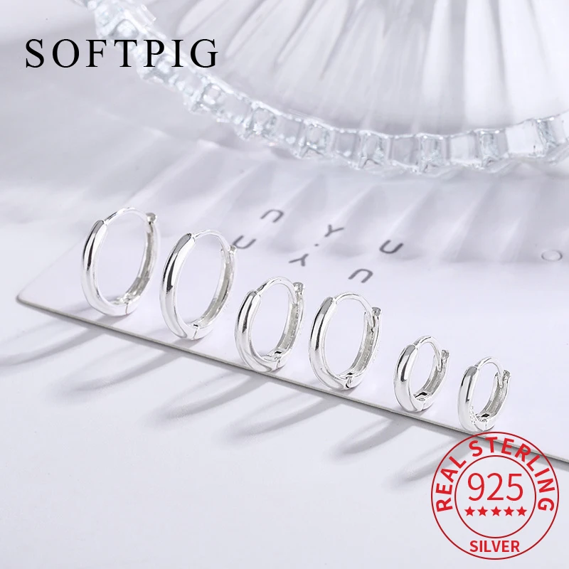 

SOFTPIG Real 925 Sterling Silver 9 11 13mm Round Hoop Earrings for Man/Women Classic Fine Jewelry Geometric Accessories