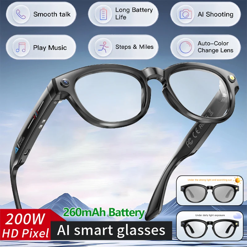 

LIGE новые умные очки с камерой 200 Вт, линзы с автоматической изменением цвета, Bluetooth-очки для звонков, прослушивание музыки, умные солнцезащитные очки для съемки