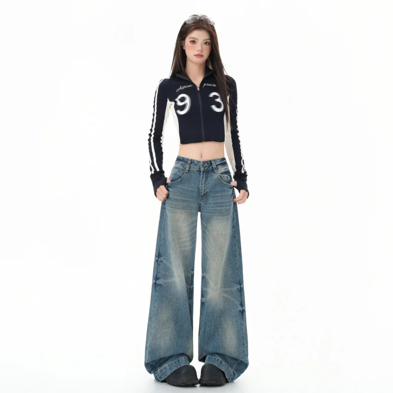 

American retro heavy-wash loose wide-leg jeans for women