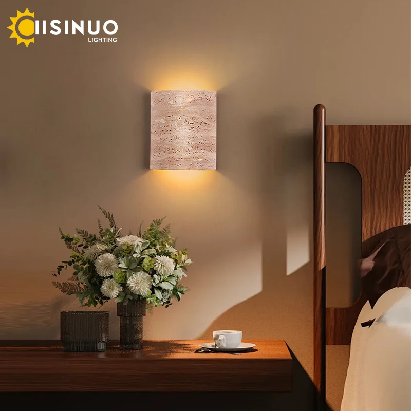 Wabi-sabi Bedroom Wall Lamp Yellow Travertine Natural Stone LED Up Down Light for Home Indoor Living Room Corridor Deco Lighting