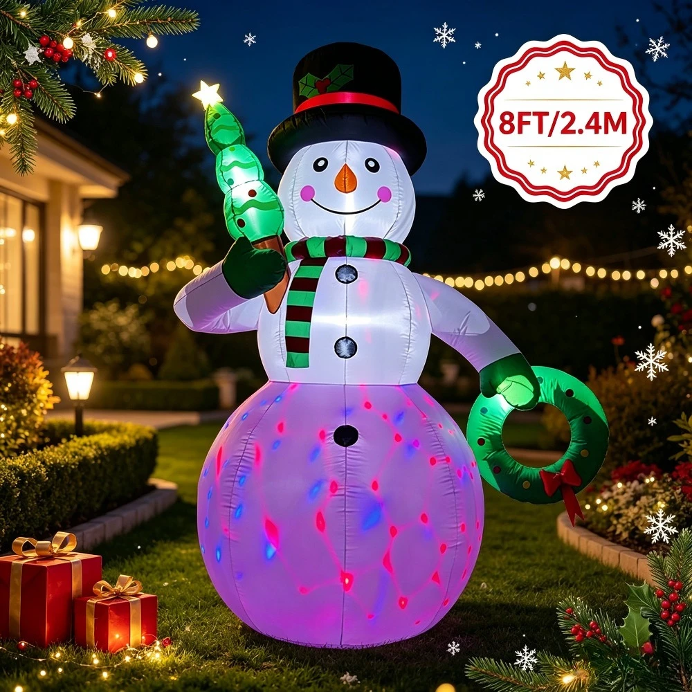 8FT Bright Kaleidoscope Projector Christmas Inflatable Snowman Blow Up Snowman Holding Tree Wreath Night Lawn Garden Display