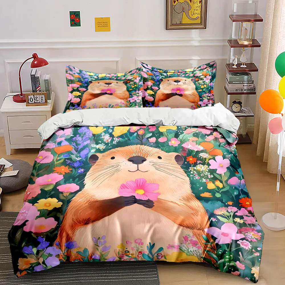 Juego de ropa de cama con estampado de castor lindo sosteniendo una flor, 1 funda nórdica y 2 fundas de almohada para adultos y niños, regalo de lujo, tamaño completo