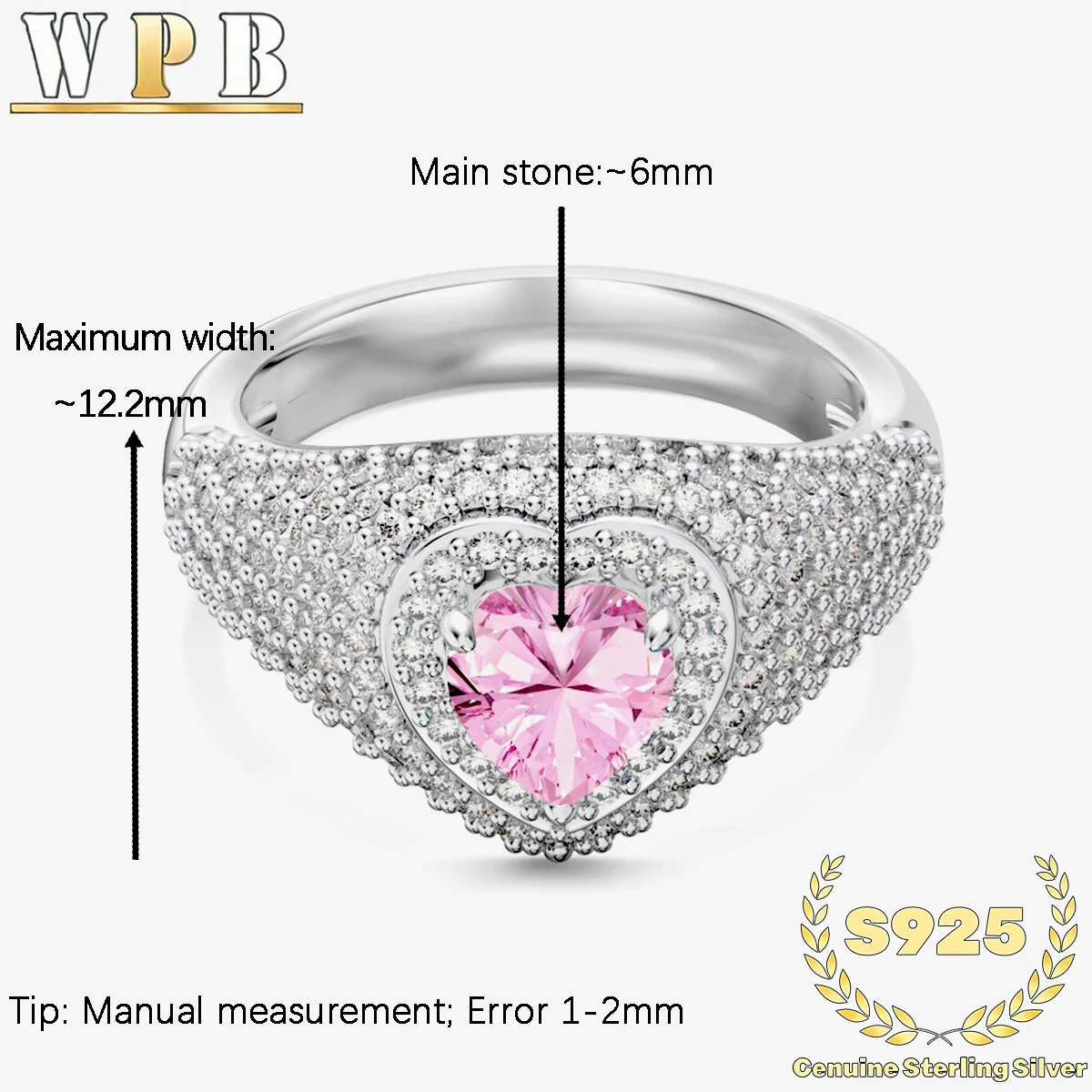 ‌S925 Sterling Silver Pink Heart Zircon Ring Pave Halo Romantic Jewelry Gift for Women Engagement Wedding Anniversary Valentine