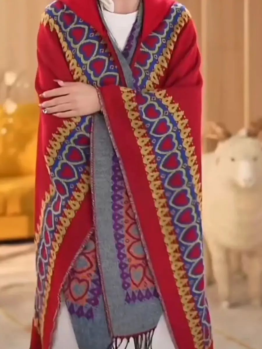 

Women's Autumn Winter Scarf Shawl Dual-purpose Travel Warm Double-sided Imitation Cashmere Flower Cloak Ponchos Capes Red Wh200