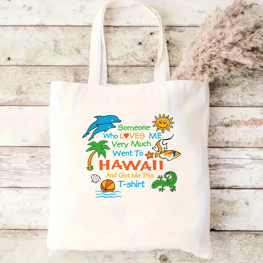 Summer Hawaii Beach Canvas Tote Bag Tropical Dolphin Palm Tree Sun Graphic Reusable Coastal Holiday Shoulder Crossbody Handbag