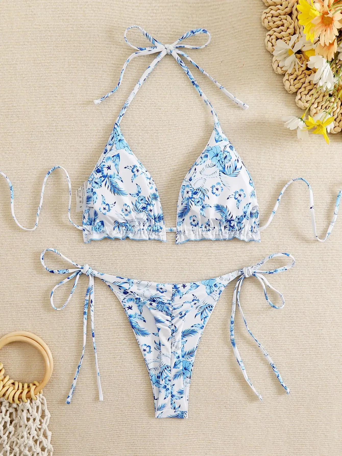 

2025 Women's Blue Floral Color V Neck Beachwear Sexy Two Piece Swimsuit with Strappy Details Micro Bikini Sets Fit Bandage Suit