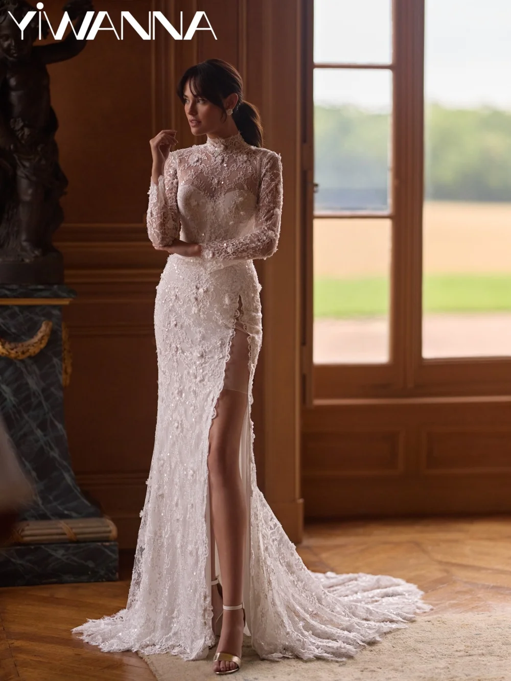 Stunning Beaded Lace Wedding Dress Delicate 3D Floral High Slit Bridal Gown Customized Modest High Collar Dresses For Bride