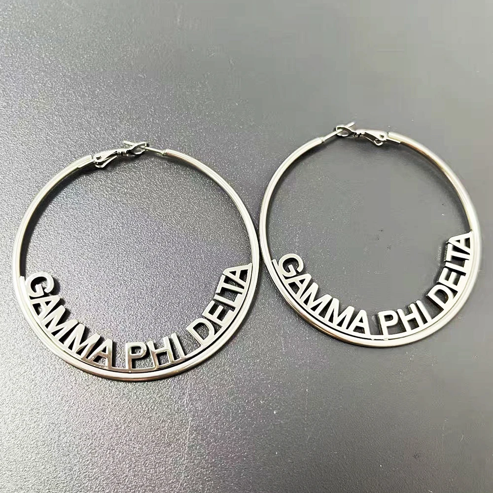 Hoop stainless steel earrings featuring sister logos such as Gamma Phi Delta ZOB SGR OES DOI