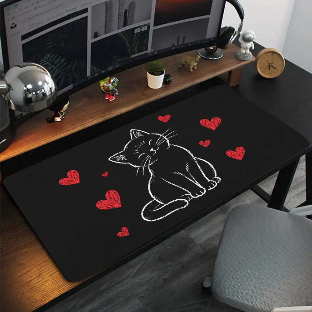 Chalkboard Style Happy Kitten Hand Drawn Red Heart Decor Pattern Wide Soft Rubber Extended Computer Gaming Mouse Table Mat
