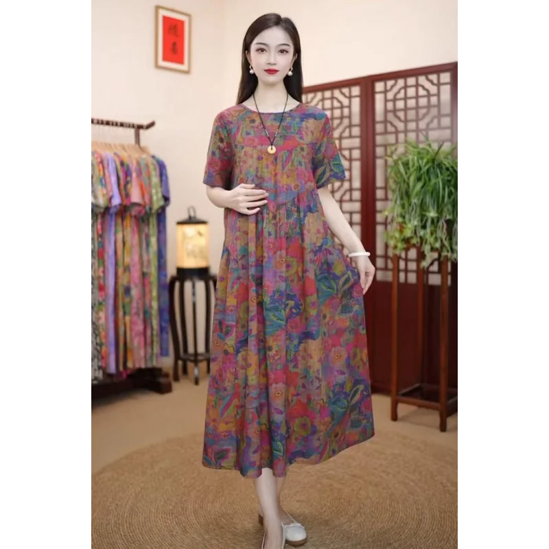 여성용 보헤미안 빈티지 코튼 린넨 미디 드레스 루즈핏 여름 통기성 플로럴 프린트 캐주얼 플러스 사이즈 드레스