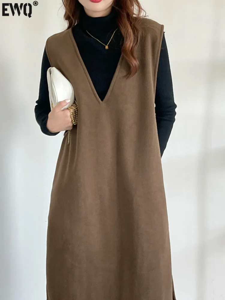 [EWQ] vestido sin mangas de lana de estilo coreano, diseño grande con cuello en V, vestidos informales holgados que combinan con todo para mujer, invierno 2024 16O3385