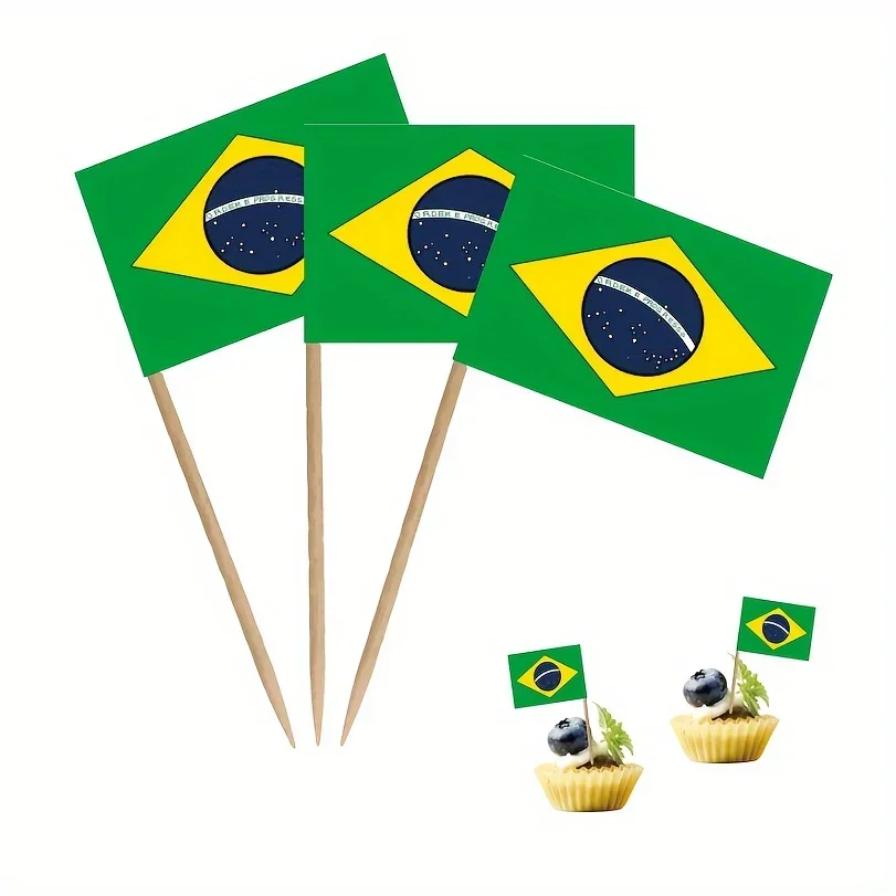 100pcs Brazilian Toothpick Flags, CupCake Topper, Cocktail Fruit Bars Party Buffet Food Labels, Charcuterie Plate Cheese Labels