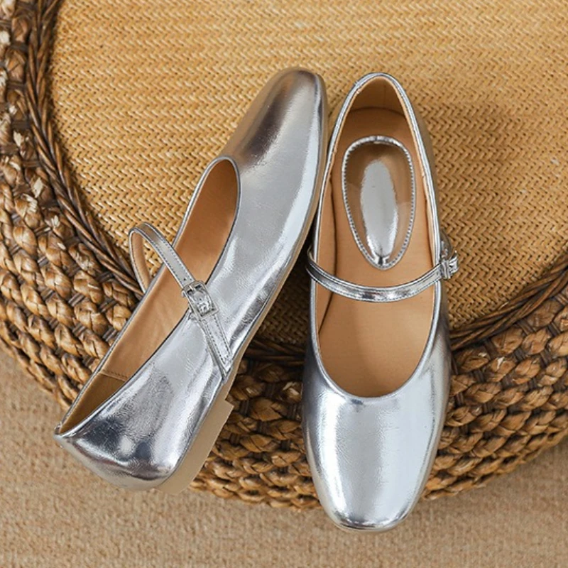 Silver Ballet Flats Shoes Women Elegant Mary Jane Shoes Soft Leather Buckle Strap Designer Casual Low Heels Wedding Dress Shoes view 5