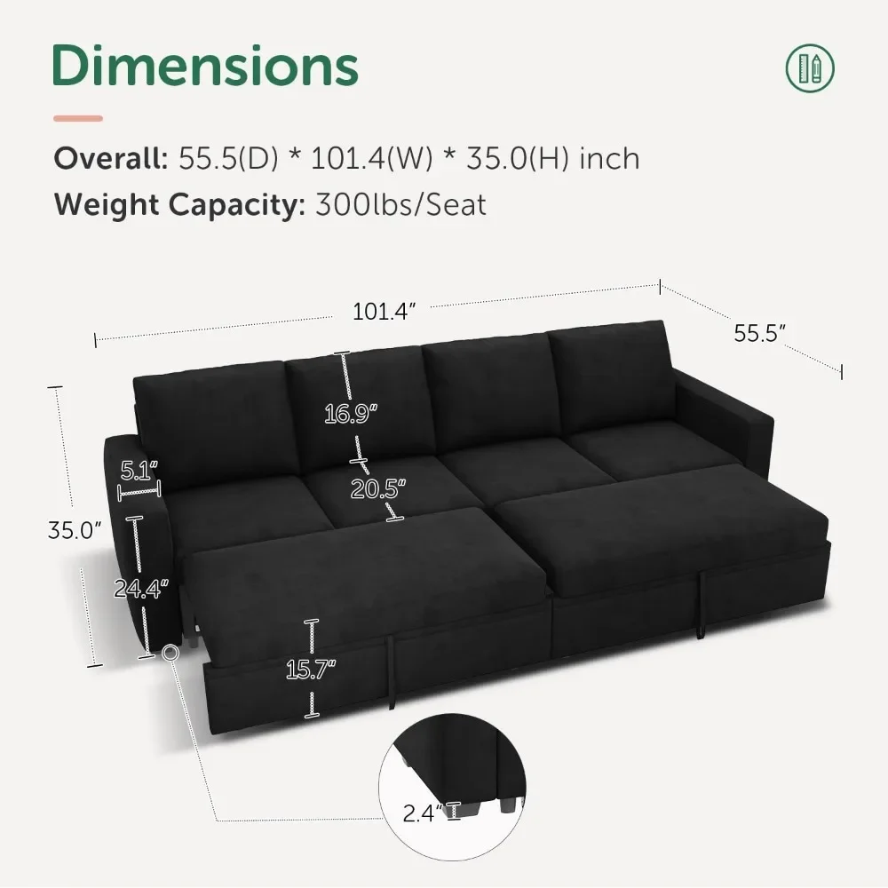 Modular Sectional Sleeper Sofa Bed, with Pull Out Bed, Linen Convertible Sectional Couches for Living Room - Black