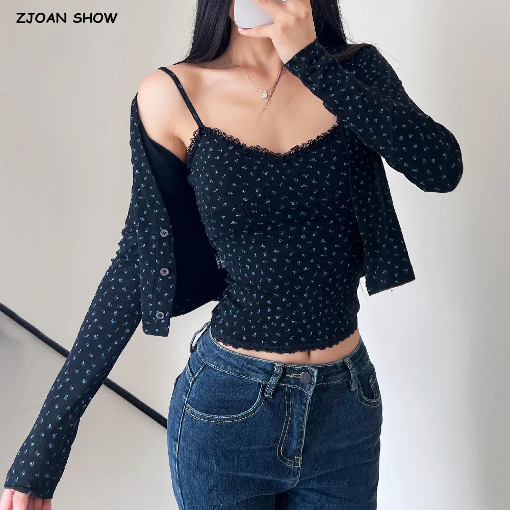 2025 Autumn Women Floral Print T-shirt And Spliced Lace V neck Camis Top Twin Set Camisole Top And Open Button Front Tee Shirt