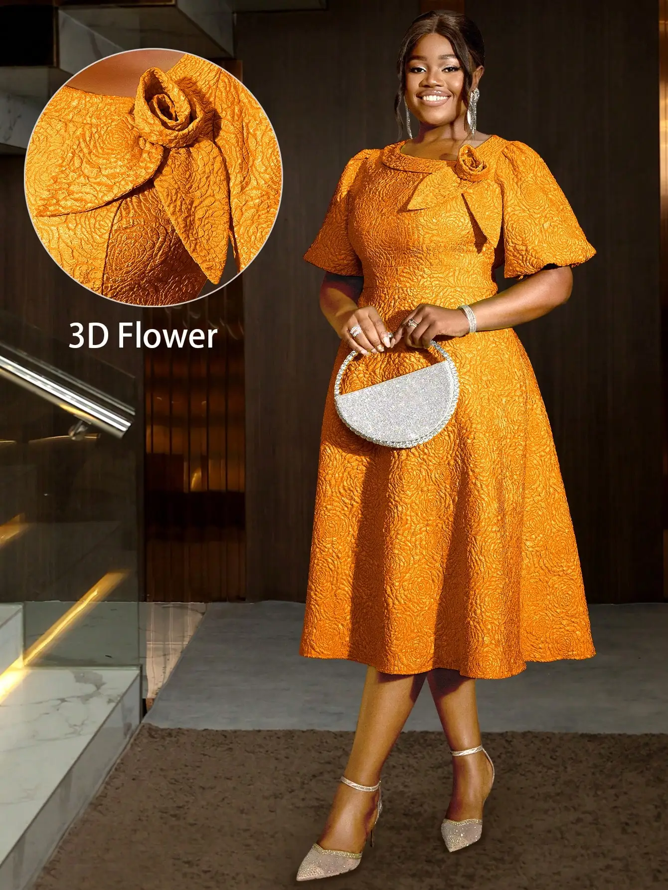 

Women's Plus Size Orange Jacquard A-Line Dress with 3D Flower & Puff Sleeves for Graduation, Wedding Guest, Cocktail Party