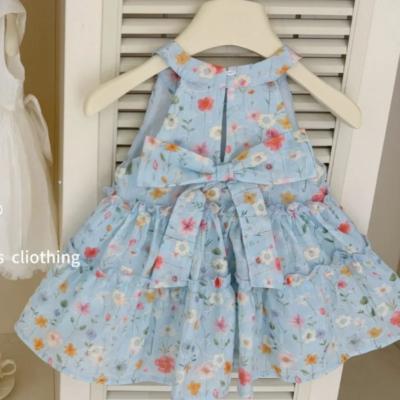 2026 Summer Girls Blue Floral Princess Dress Fresh Blue Floral Print Pretty Soft Fabric Skin Friendly and Comfortable