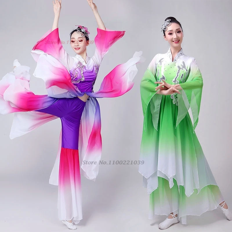 

2024 chinese vintage dance dress national gradient color sequin hanfu tops+pants set folk dress stage performance hanfu clothes