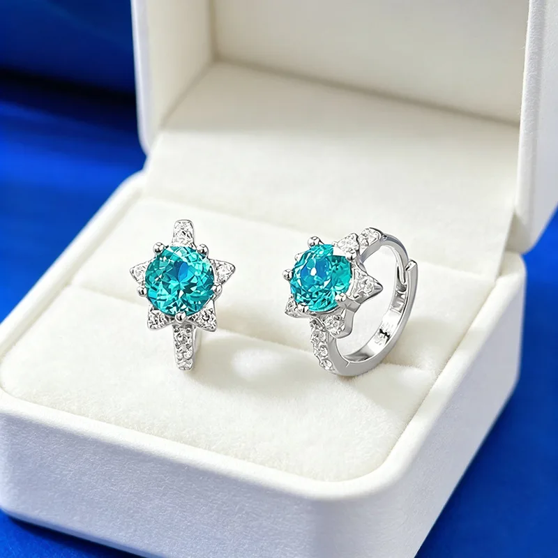 Luxury white gold solid platinum PT950 round diamond 5.0mm Paraiba earrings for women, high-end, white and commuting