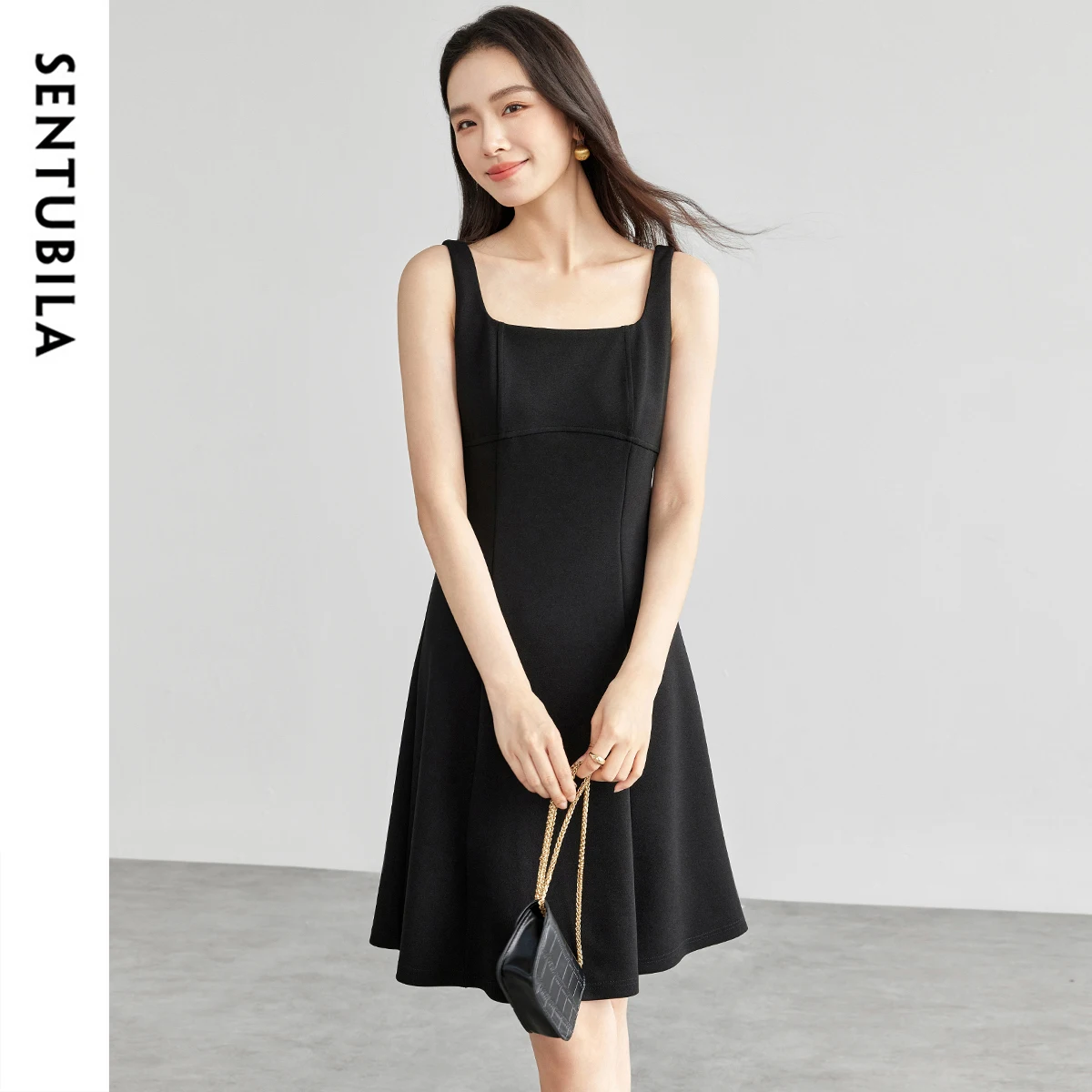 SENTUBILA Hepburn Style Dress 2025 Spring A-line Knitted Square Collar Folds Sundress Party Evening Elegant Dresses 151L57779